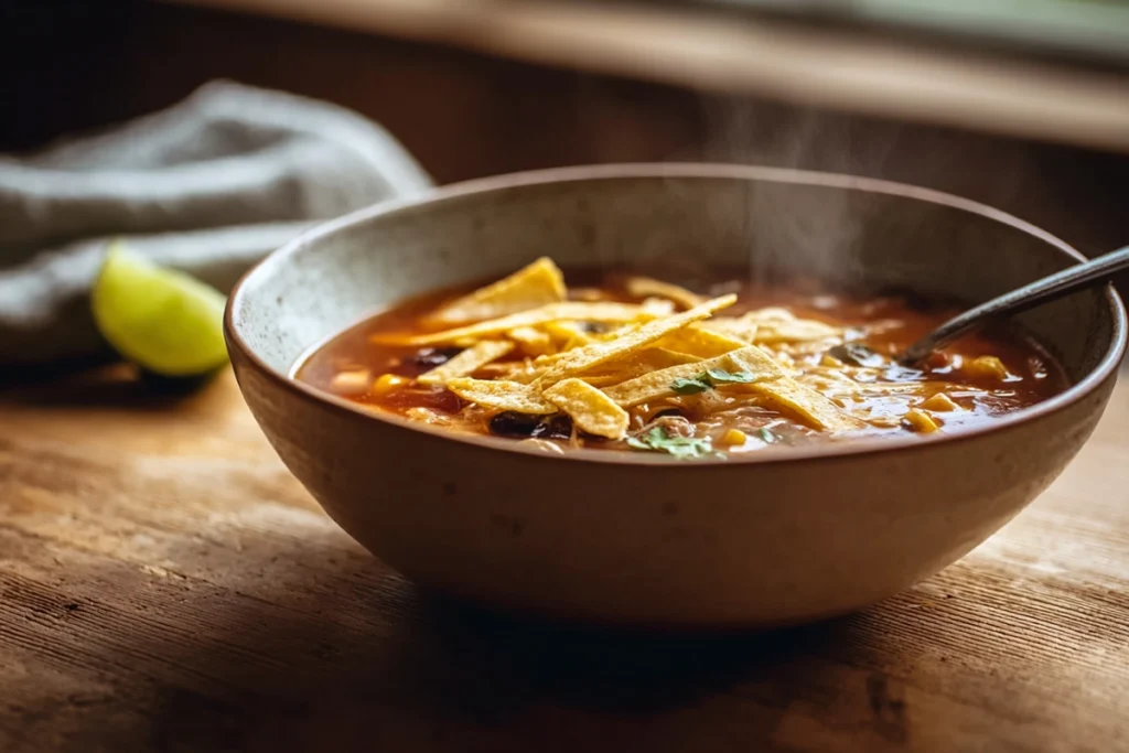 Slow Cooker Chicken Tortilla Soup served hot and ready to eat in a cozy home kitchen