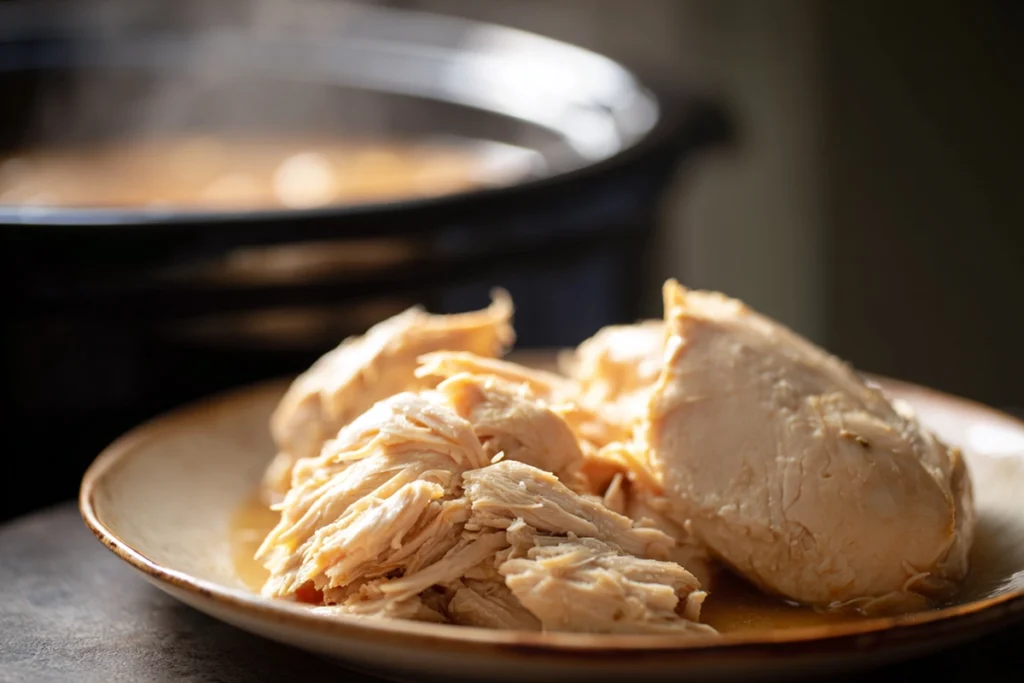 Cooked chicken ready to be shredded for Slow Cooker Chicken Tortilla Soup
