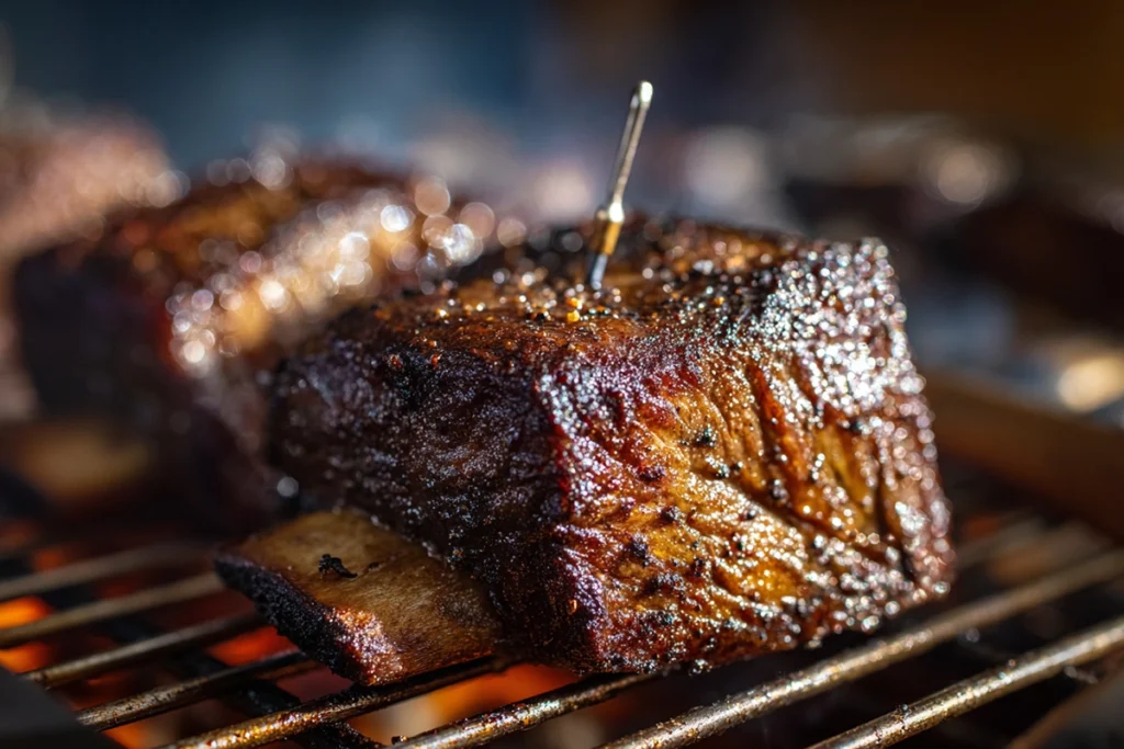 Smoked beef short ribs recipe showing tender ribs checked for doneness
