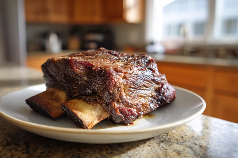 Smoked beef short ribs recipe plated fresh from the smoker in a cozy home kitchen