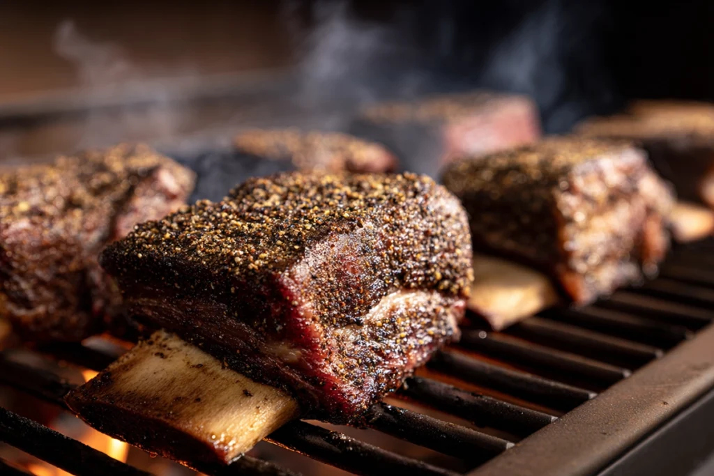 Smoked beef short ribs recipe showing ribs smoking bone-side down