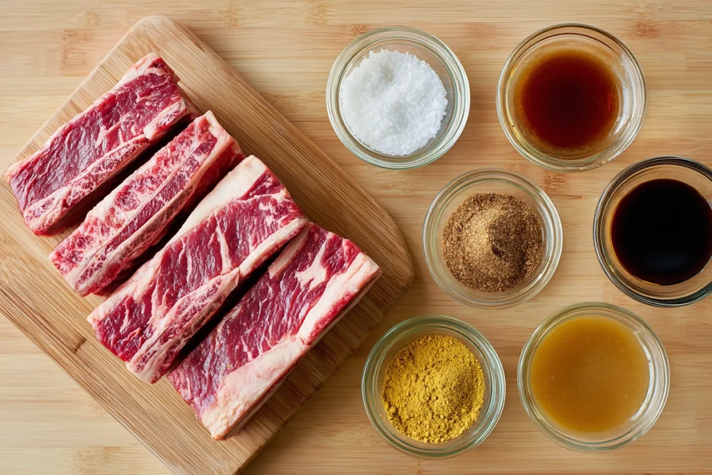 Ingredients for smoked beef short ribs recipe arranged neatly on a kitchen counter