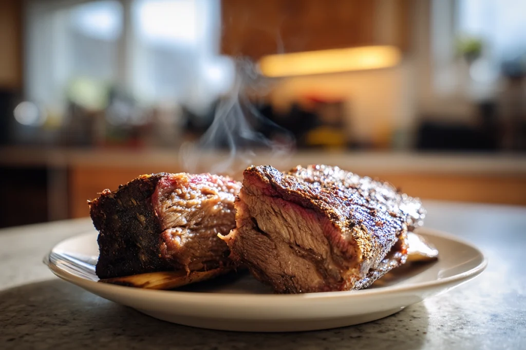 Smoked beef short ribs recipe sliced and ready to eat