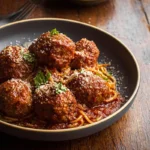 Smoked Italian meatballs recipe served with marinara on a ceramic plate