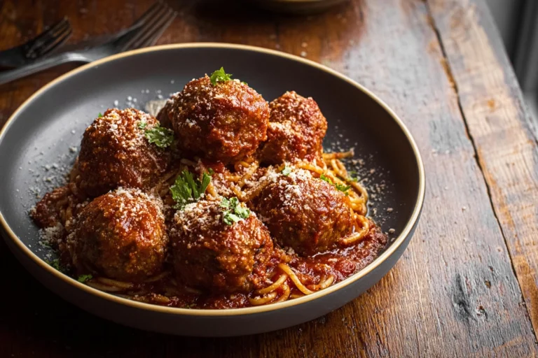 Smoked Italian meatballs recipe served with marinara on a ceramic plate