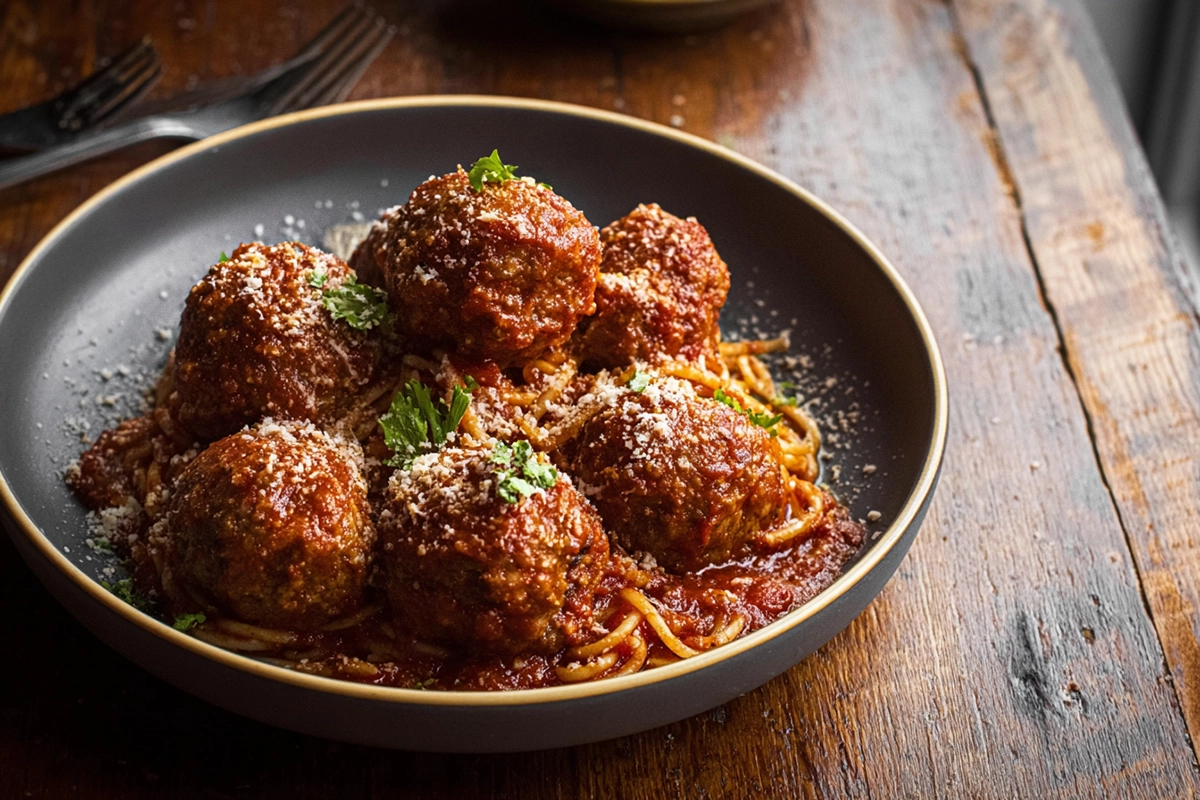 Smoked Italian meatballs recipe served with marinara on a ceramic plate