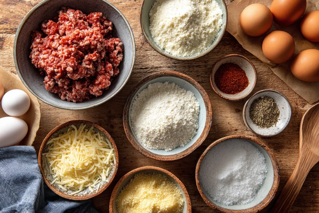 Ingredients laid out for smoked Italian meatballs recipe in a home kitchen