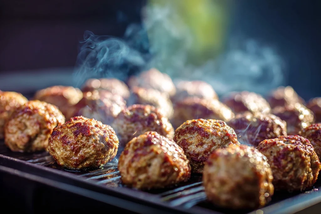 Smoked Italian meatballs recipe cooking on a pellet grill