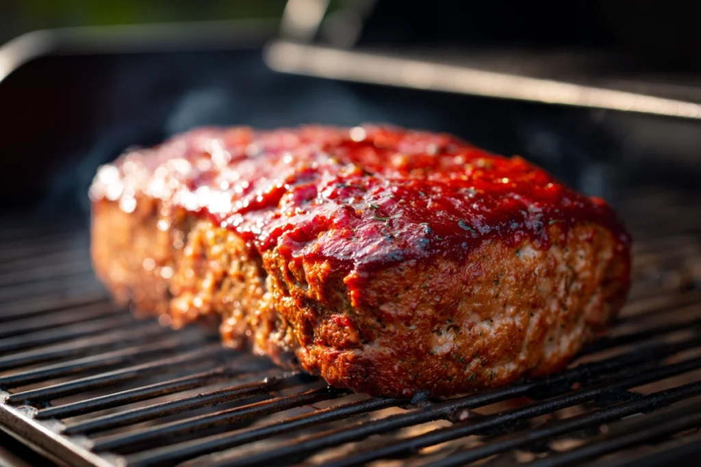 Traeger Pizza Meatloaf Recipe cooking on a pellet grill with tomato sauce