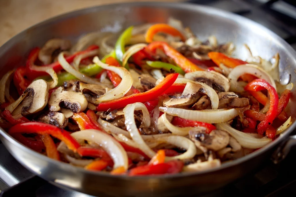 Steak Bomb Sandwich – A Messy, Comfort-Packed New England Classic 8 Steak Bomb Sandwich onions and peppers cooking in skillet