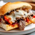 Steak Bomb Sandwich with shaved steak peppers onions and melted provolone