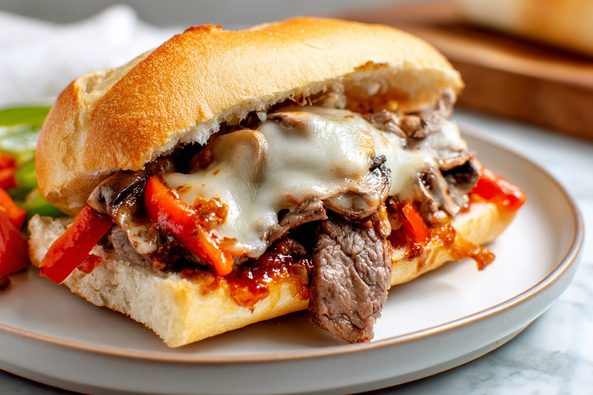 Steak Bomb Sandwich with shaved steak peppers onions and melted provolone