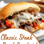 Steak Bomb Sandwich made at home with shaved steak peppers and cheese