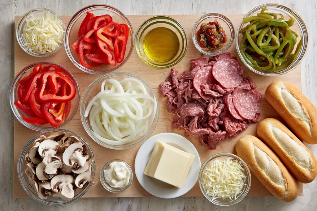 Steak Bomb Sandwich – A Messy, Comfort-Packed New England Classic 7 Steak Bomb Sandwich ingredients including shaved steak peppers onions mushrooms and cheese