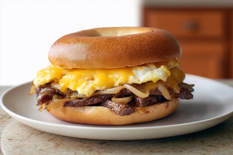 steak egg and cheese bagel sandwich served warm on a ceramic plate