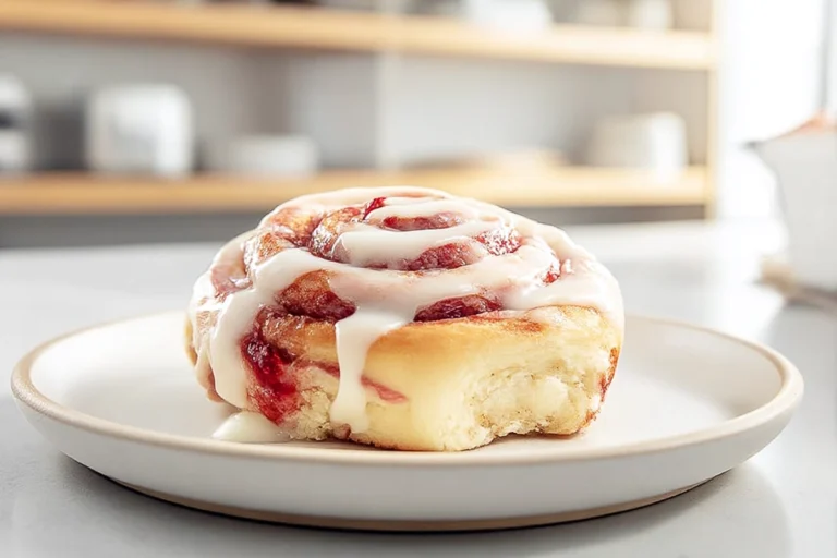 Strawberry Cheesecake Cinnamon Rolls freshly baked and glazed on a plate