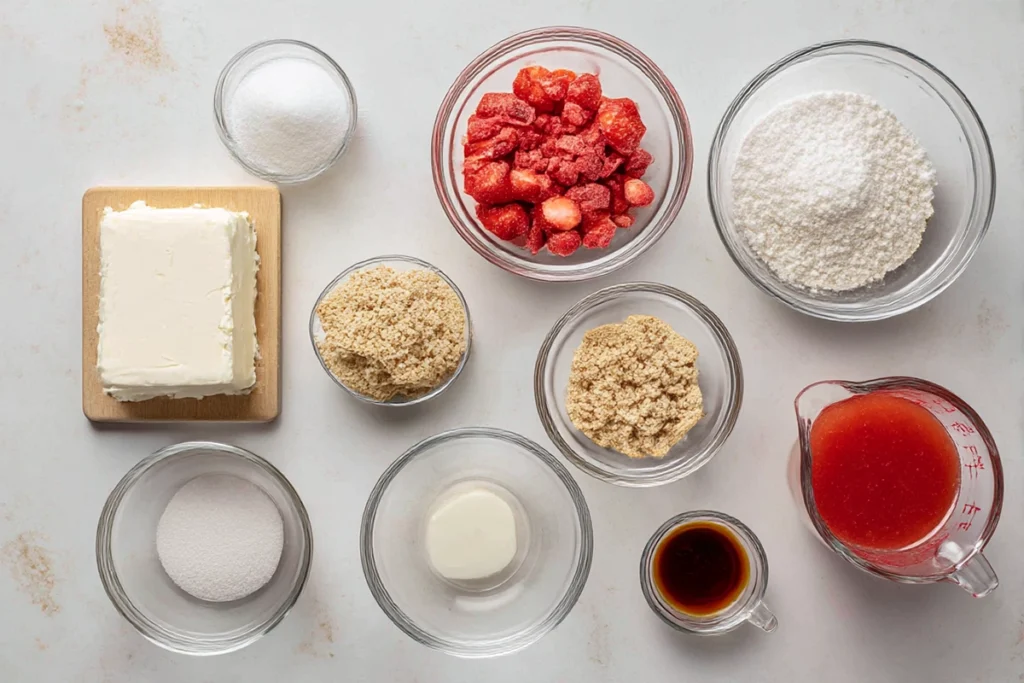 Ingredients for Strawberry Cheesecake Crunch Bites arranged on a kitchen counter