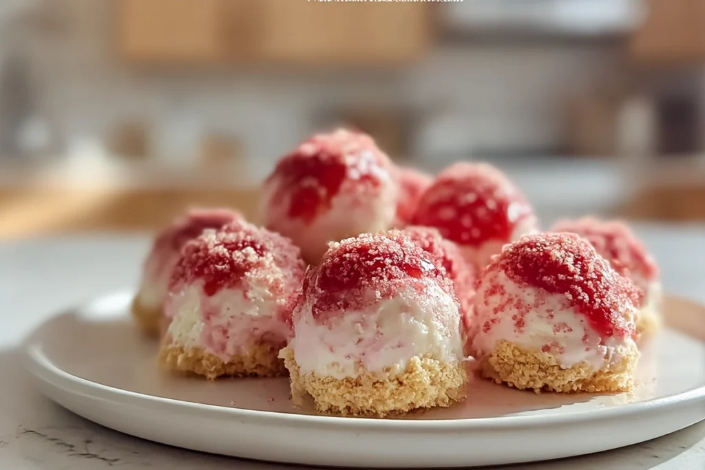 Strawberry Cheesecake Crunch Bites with creamy center ready to eat