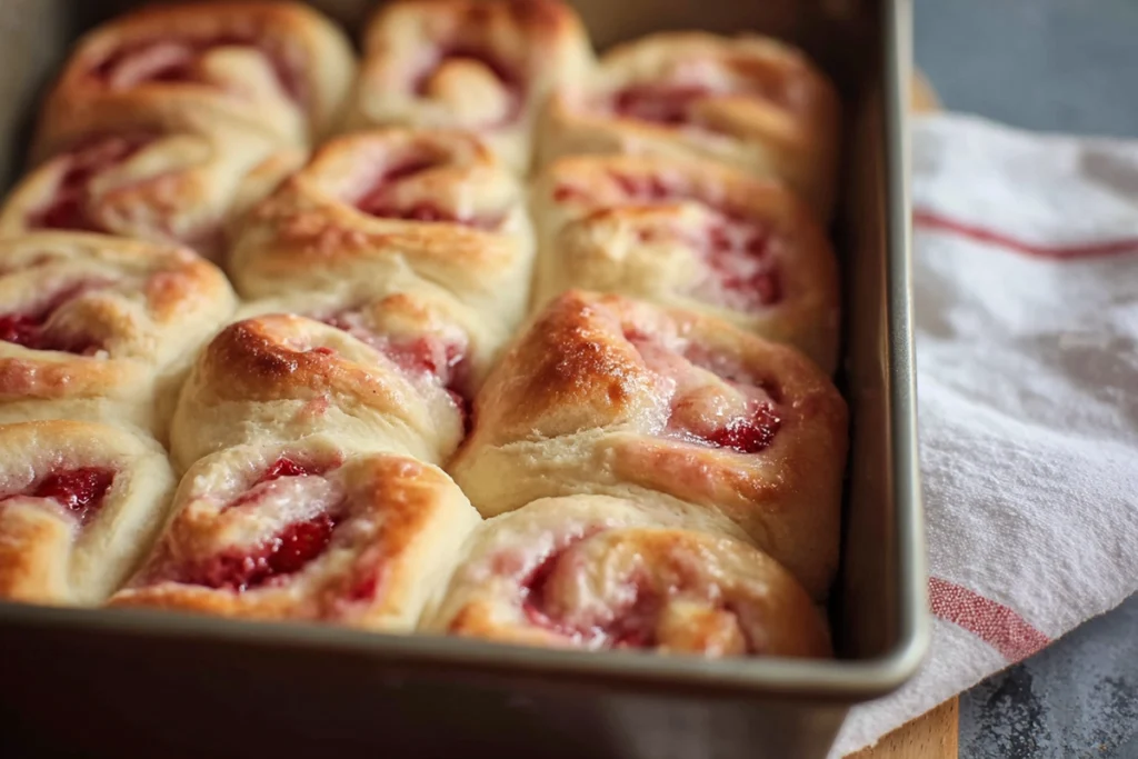 Strawberry Cheesecake Sweet Rolls That Taste Like a Weekend Morning 9 Strawberry Cheesecake Sweet Rolls baked golden in the pan