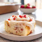 Strawberry Cheesecake Sweet Rolls plated warm with cream cheese frosting