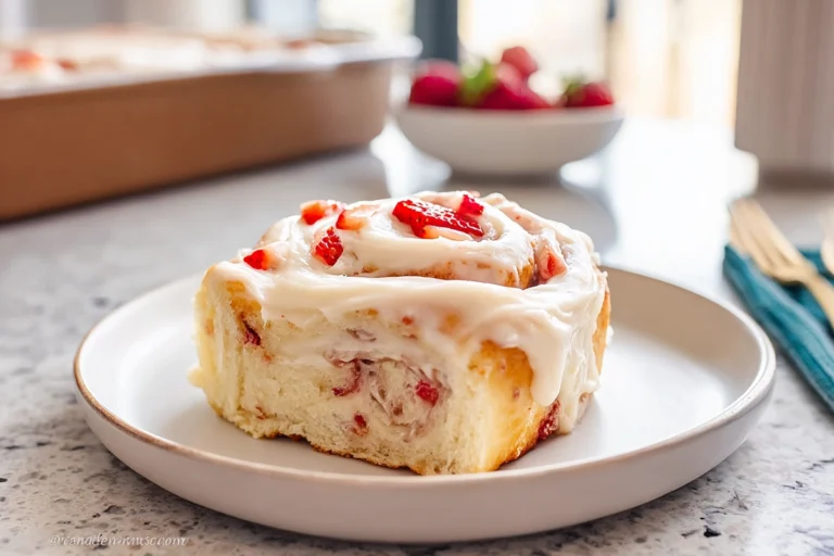 Strawberry Cheesecake Sweet Rolls plated warm with cream cheese frosting