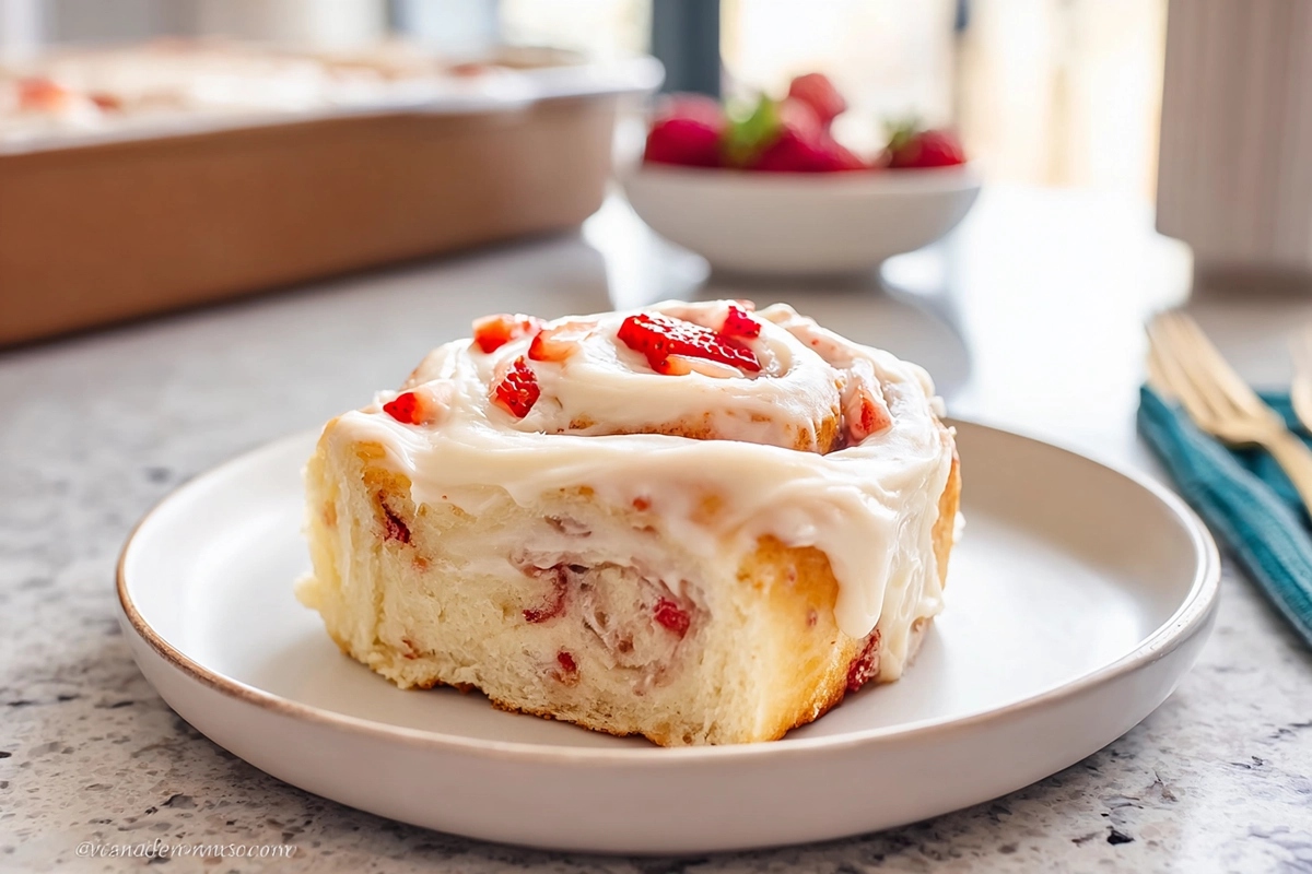 Strawberry Cheesecake Sweet Rolls plated warm with cream cheese frosting
