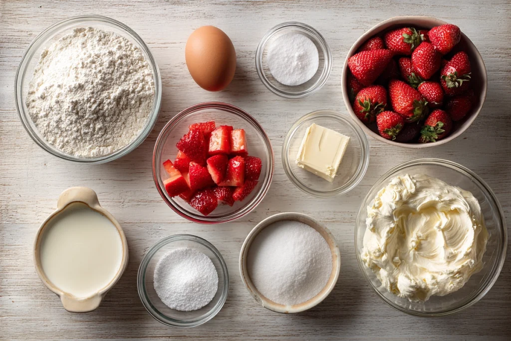 Strawberry Cheesecake Sweet Rolls That Taste Like a Weekend Morning 7 Ingredients for Strawberry Cheesecake Sweet Rolls arranged overhead