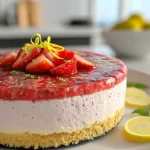 Finished strawberry lemonade cheesecake with strawberry topping and lemon zest garnish