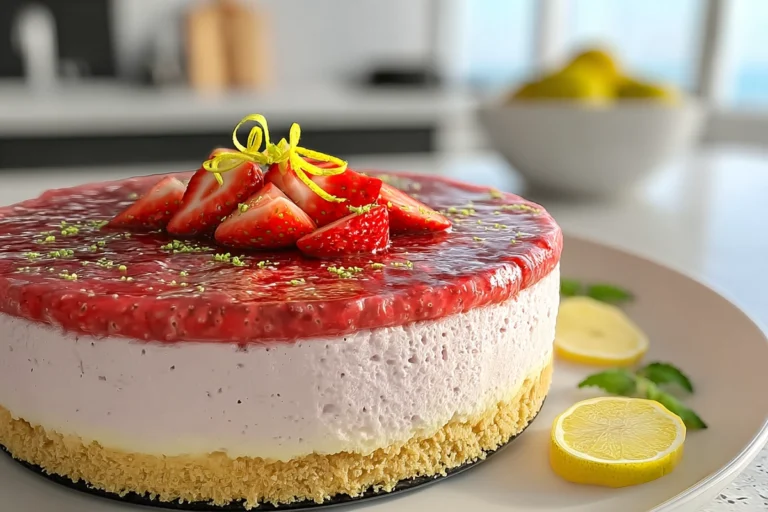 Finished strawberry lemonade cheesecake with strawberry topping and lemon zest garnish