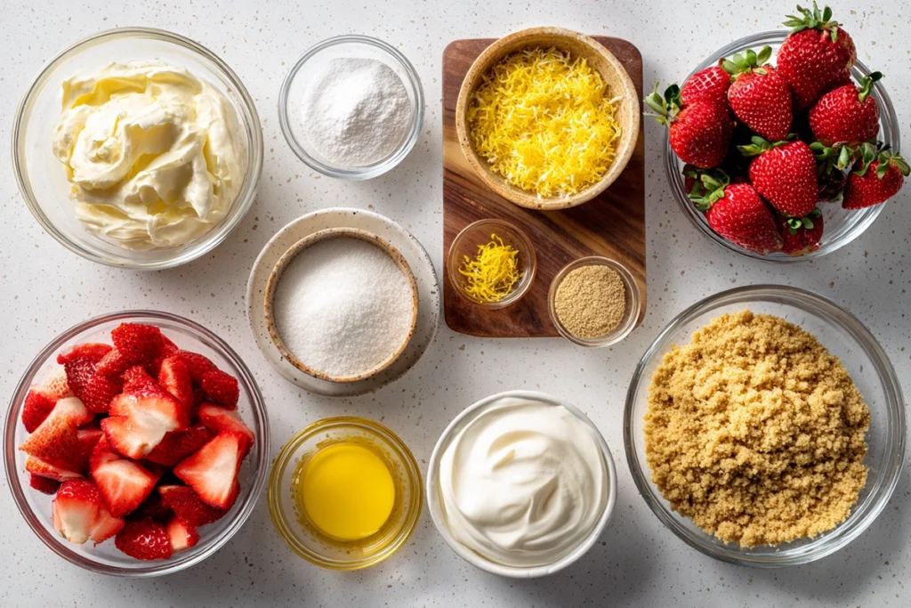 Overhead ingredients layout for strawberry lemonade cheesecake including strawberries, lemon, and cream cheese