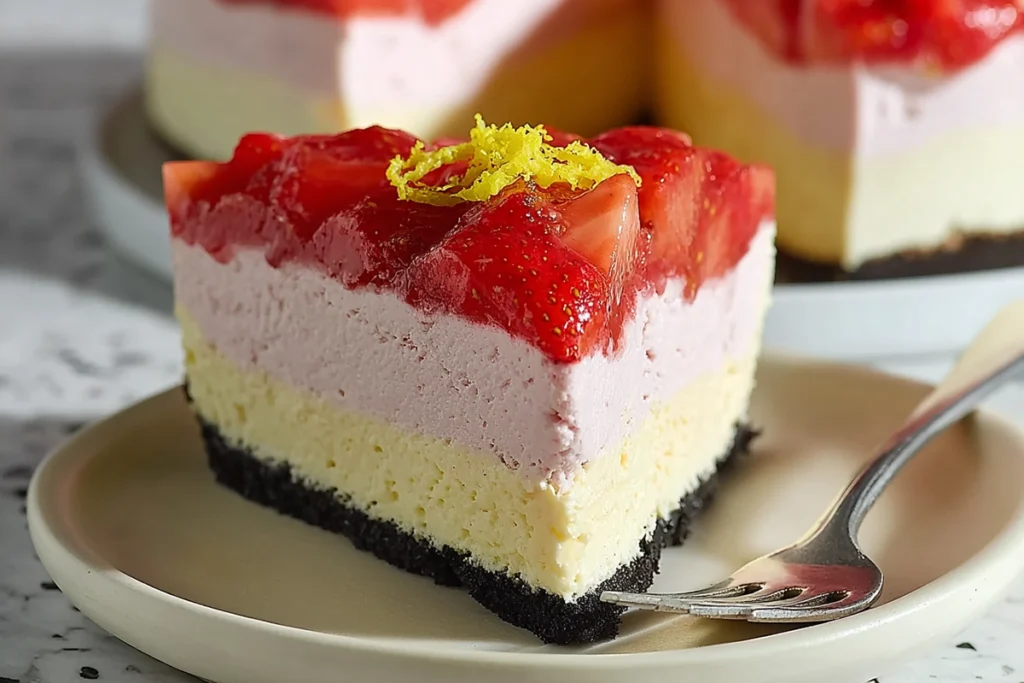 Single slice of strawberry lemonade cheesecake with strawberry topping