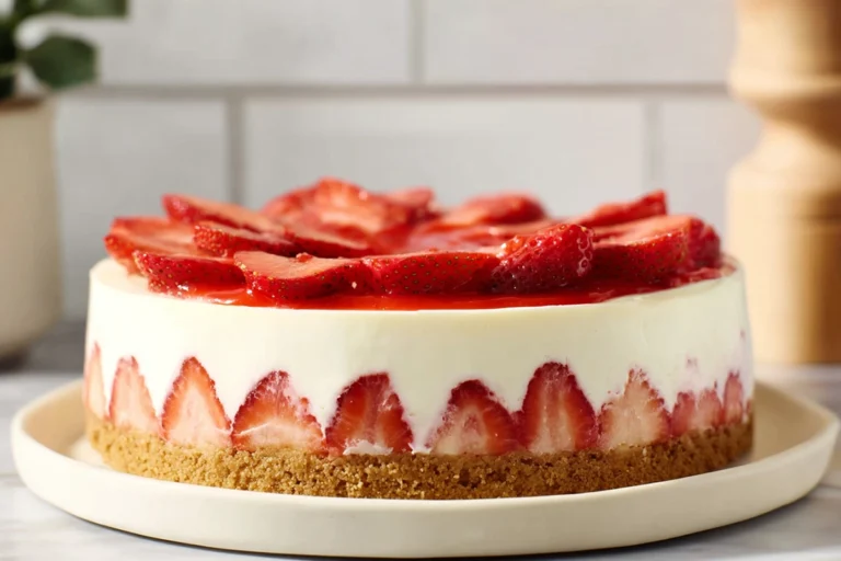 Strawberry Shortcake Cheesecake served on a modern plate in a cozy home kitchen