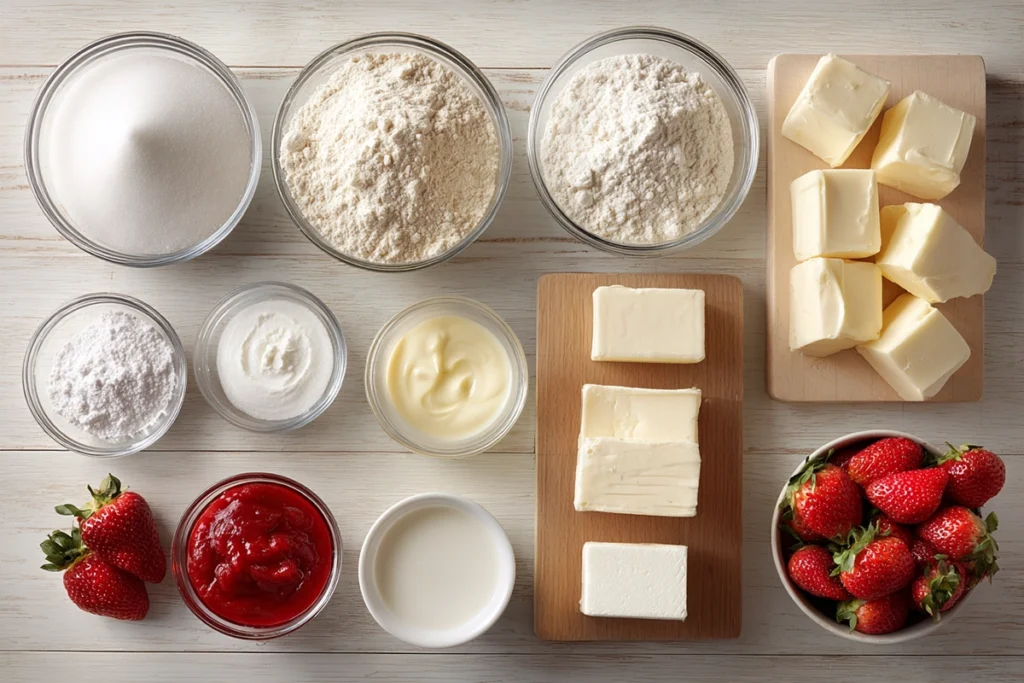 Ingredients for Strawberry Shortcake Cheesecake arranged on a kitchen counter