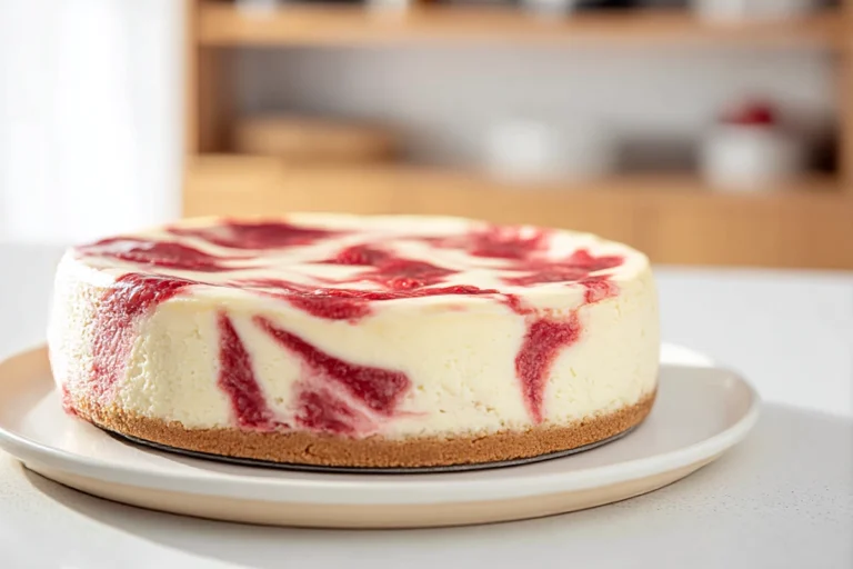 Strawberry Swirl Cheesecake on a ceramic plate in a modern home kitchen