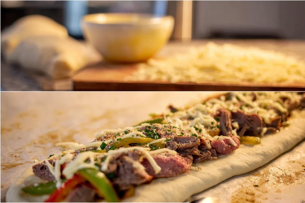 assembling mozzarella cheesesteak stromboli with filling layered on dough