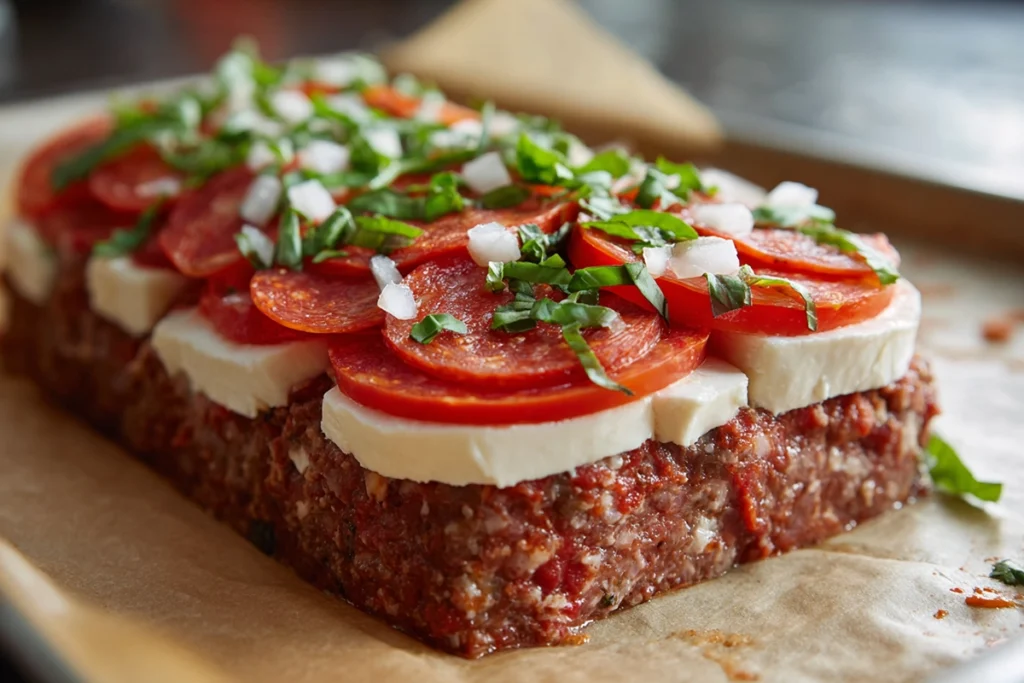 Traeger Pizza Meatloaf Recipe being stuffed with mozzarella and pepperoni