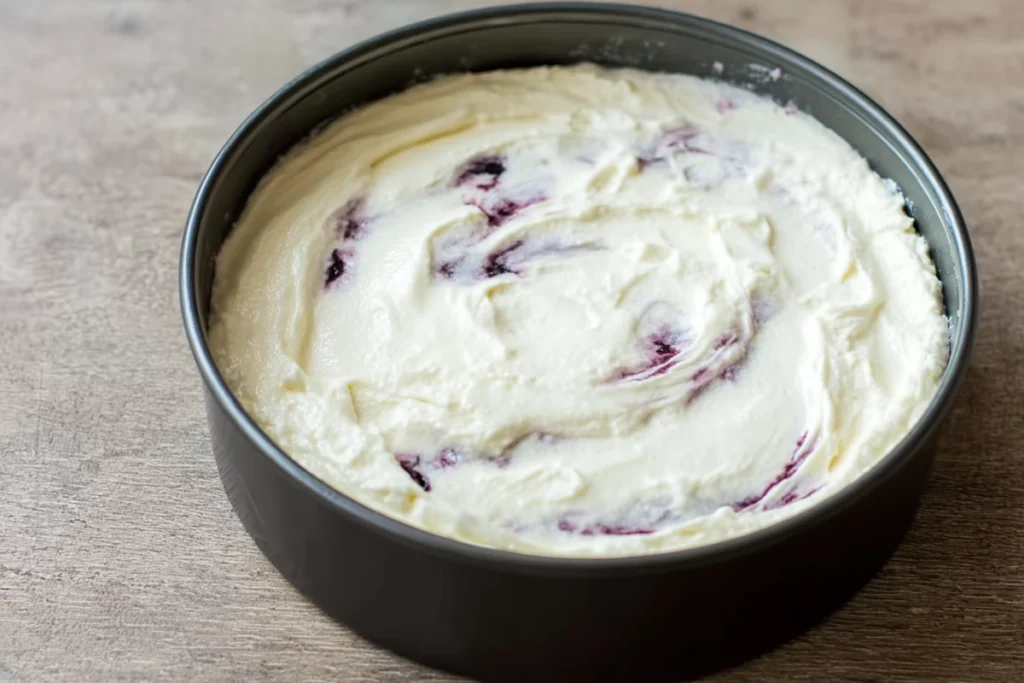 Swirling blueberry sauce into No Bake Blueberry Cheesecake filling