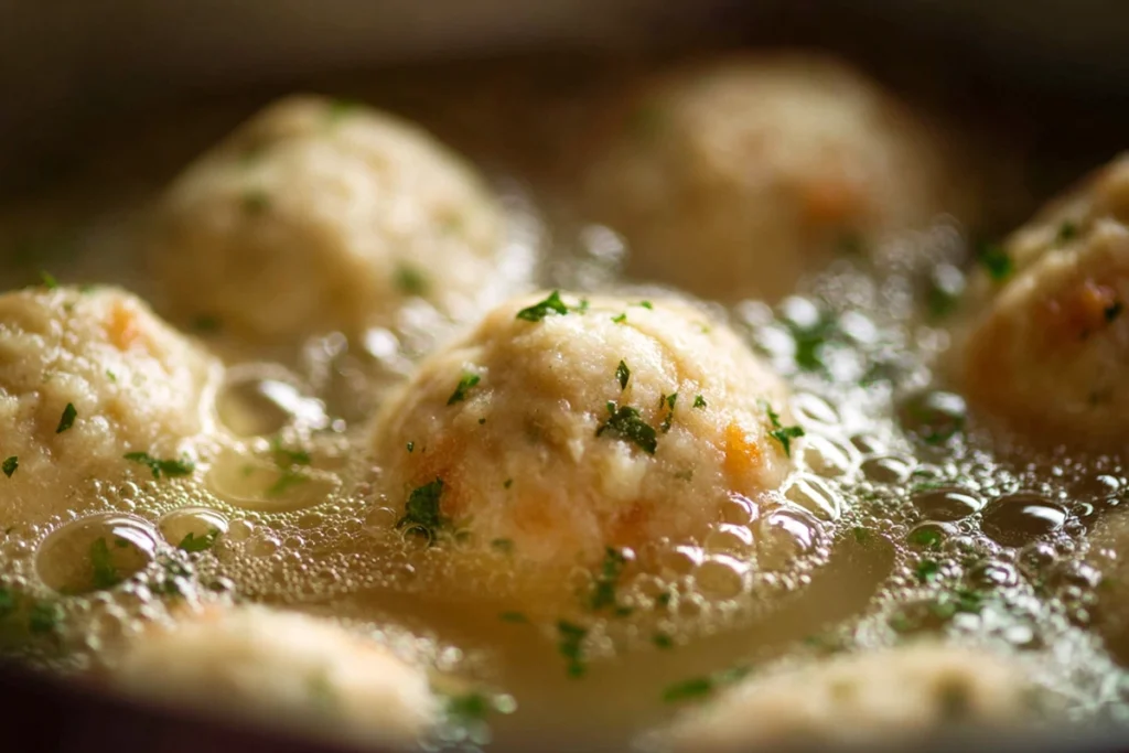 Dumplings cooking in Tamale Soup With Tamale Dumplings as they puff and set