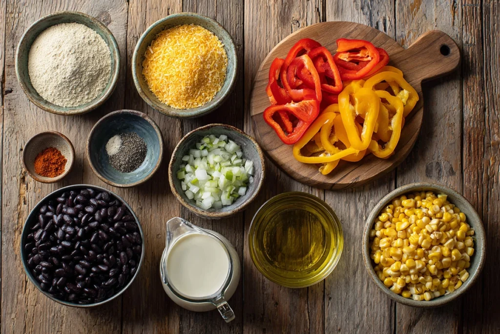 Ingredients for Tamale Soup With Tamale Dumplings arranged on a kitchen counter