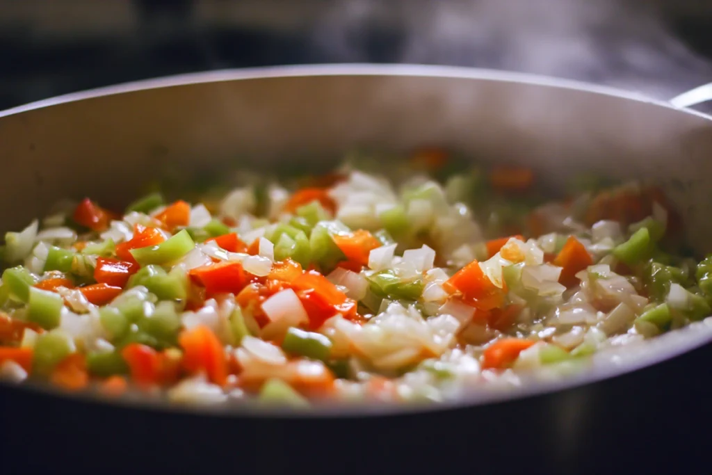 Sautéing vegetables for Tamale Soup With Tamale Dumplings on the stovetop