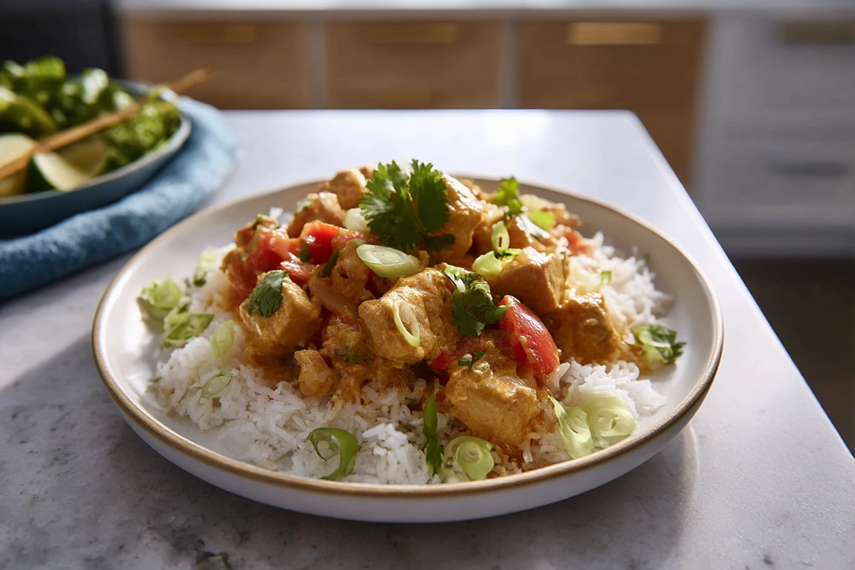 Thai chicken coconut curry served over white rice on a modern ceramic plate