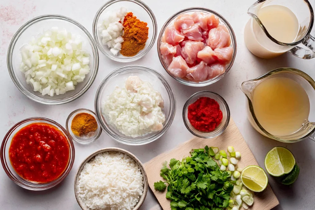 Ingredients for Thai chicken coconut curry arranged overhead in glass bowls