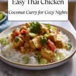 Thai chicken coconut curry served over rice in a cozy home kitchen