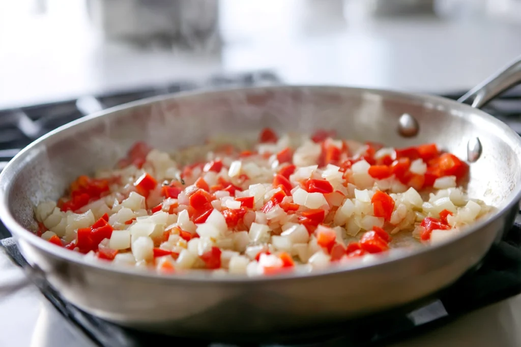Sautéing onions and peppers for Thai chicken coconut curry in a skillet