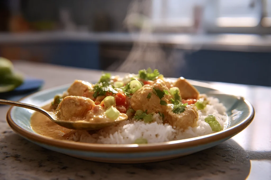 Thai chicken coconut curry just served with steam rising over rice