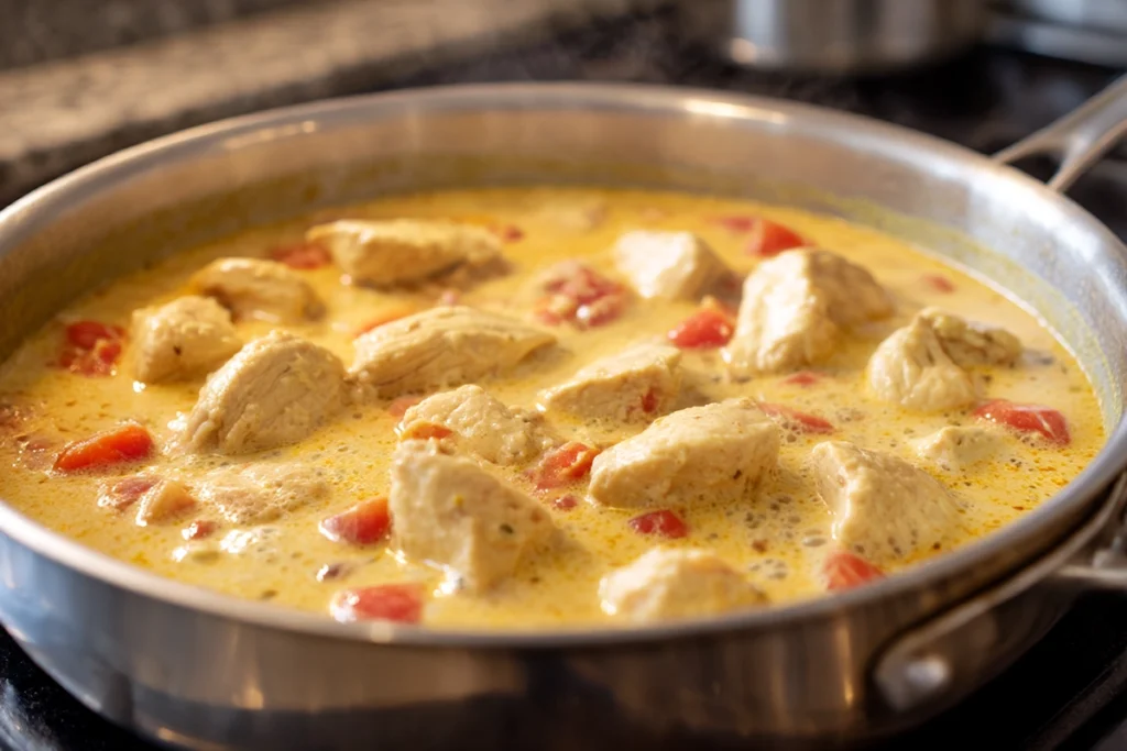 Thai chicken coconut curry simmering in a skillet with creamy coconut sauce