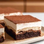 Tiramisu brownies with fudgy chocolate layers and mascarpone topping on a plate