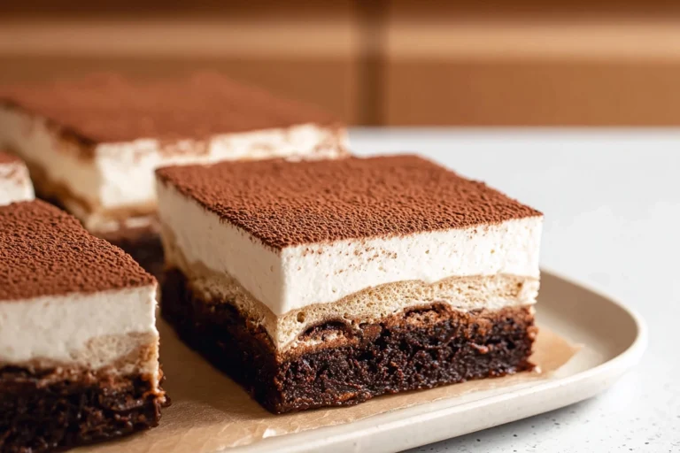 Tiramisu brownies with fudgy chocolate layers and mascarpone topping on a plate