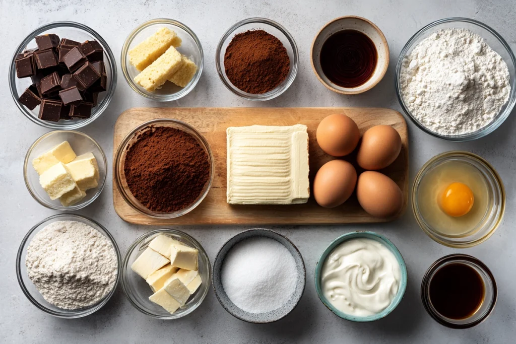 Ingredients for tiramisu brownies arranged on a kitchen counter