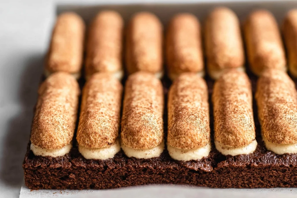 Coffee soaked ladyfingers layered over brownies for tiramisu brownies